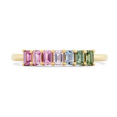 Featuring a row of colorful pastel emerald-cut sapphires, this ring is a wearable piece of art. Worn as a wedding band, engagement ring, or daily accessory, our Demi Band is a multifaceted must-have for your jewelry collection. Multicolor Emerald Cut Fine Jewelry Rings, Emerald Cut Multi-stone Sapphire Ring, Elegant Multicolor Rectangular Rings, Wedding Band Engagement Ring, Pastel Gradient, Jewelry Education, Band Engagement Ring, Jewelry Business, Custom Engagement Ring