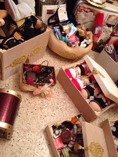 several boxes filled with different types of items