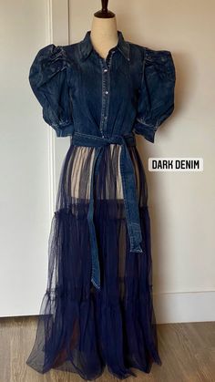 Puff sleeve button down denim top with tulle detail Model is wearing size small Wearing Color, Small Light, Light Denim, Dark Denim, Denim Top, Bad Girl, Denim Dress, Light Colors, Off Shoulder Dress