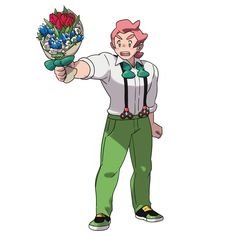 a man in green pants holding a bouquet of flowers