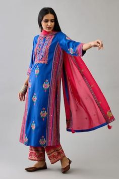 Blue silk straight kurta with muti-colored floral, thread and sequins embroidery. Comes with fuchsia straight pant and a light silk dupatta. - Aza Fashions Blue Mulmul Palazzo Set With Dupatta, Blue Anarkali Set With Embroidered Border, Blue Mulmul Palazzo Set With Straight Kurta, Fitted Blue Anarkali Set With Embroidered Border, Blue Cotton Silk Salwar Kameez With Embroidered Border, Unstitched Multicolor Embroidered Sharara, Unstitched Multicolor Sharara With Embroidered Border, Blue Chanderi Anarkali Set With Embroidered Border, Unstitched Sharara With Embroidered Border