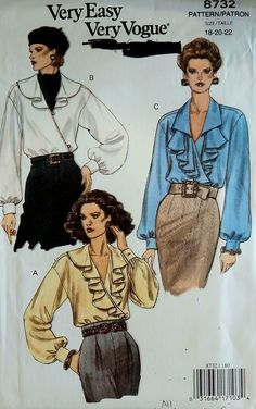 two women's blouses, one with ruffled collar and the other with long sleeves