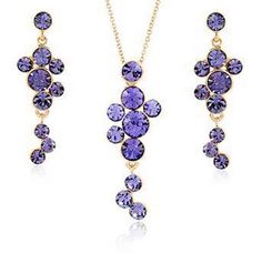 ' Featuring eye-catching purple round Austrian crystals. This cascading design of necklace earring set offers the right amount of sophistication.     Chain length 18" +2" extender ; pendant 1.65" drop  Earrings 1.5" drop  18K Italian Rosegold Plated  Lead/Nickel Free  Comes in a gift box.       ' Luxury Purple Necklace For Gift, Luxury Purple Elegant Crystal Necklaces, Luxury Purple Crystal Elegant Necklace, Luxury Purple Necklaces For Gifts, Luxury Purple Necklaces For Gift, Luxury Exquisite Purple Jewelry, Luxury Purple Jeweled Necklace, Luxury Purple Crystal Jewelry, Luxury Purple Gemstone Crystal Necklace