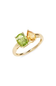 A dreamy duo of mixed-cut citrine and peridot adds an ethereal statement to this slender ring handcrafted from 14-karat gold. 14k gold/citrine/peridot   Imported   Certified member of the Responsible Jewellery Council (RJC), which sets standards for supply chain integrity and sustainability throughout the global jewelry and watch industries Peridot Ring Gold, Peridot Engagement Rings, Bony Levy, Citrine Jewelry, Peridot Jewelry, Simple Engagement Rings, Spring Jewelry, Citrine Ring, Peridot Ring