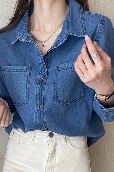 Denim Blue Collared Blouse, Fitted Chambray Shirt Women, Cheap Medium Wash Denim Top For Work, Cheap Denim Blue Button-up Top, Matching Sets Sweats, No Pun Intended, Full Sleeve Top, Baggy Tops, 60's Dress