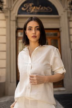 The Mary Shirt is our take on the classic button-down shirt. A dependable staple you'll return to season after season. It's cut for an oversize fit, from a lightweight cotton-linen blend and designed with dropped shoulders, long sleeves with fabric covered button cuffs and a curved hem.