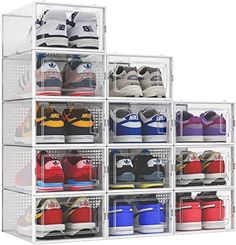 a stacking rack with several pairs of shoes on top of each other and one pair of sneakers in the bottom