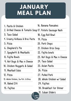 the january meal plan is shown in blue and white