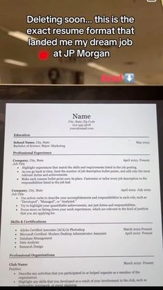 a computer screen with a resume on it