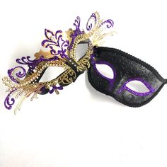 Purple masquerade masks Couples his and hers mask pair Mardi Gras masks Custom Masks men women wedding masks party masks halloween masks  WOMEN MASK OPTIONS Pick either Green Glitter or Purple Glitter mask pictured of another color listed and if you want with or without feathers shown MENS MASK OPTIONS The mens mask base will be black as pictured and the glitter color will match the women's mask color. For example if you pick either purple/gold or purple/silver women's mask, the mens mask will b Green Masquerade Mask, Purple Masquerade Mask, Purple Masquerade, Custom Masks, Mardi Gras Masks, Fashion Costume Halloween, Masks Halloween, Masquerade Theme, Metal Mask