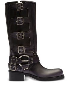 Miu Miu buckle-detail Leather Boots - Farfetch Miu Miu Moto Boots, Moto Boots Women, Miu Miu Buckle Boots, Miu Miu Leather Boots With Round Toe, Miu Miu Leather Boots Round Toe, Luxury Mid-calf Boots For Fall, Edgy Leather Knee-high Boots With Buckle Closure, Edgy Leather Mid-calf Moto Boots, Knee-high Calf Leather Boots With Buckle Closure