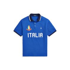 Classic Polo Shirt With Logo Print For Streetwear, Blue Polo Collar Top For Streetwear, Classic Polo Shirt With Embroidered Logo For Streetwear, Classic Blue Shirt With Graphic Print, Blue Polo Collar Top With Embroidered Logo, Blue Short Sleeve Tops With Logo Detail, Blue Short Sleeve Top With Logo Detail, Classic Polo Collar Tops For Streetwear, Collegiate Cotton Tops With Logo