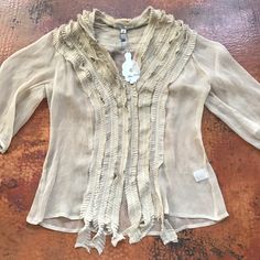 Sheer Blouse. Never Worn. Absolutely Beautiful!!!! Chic Long Sleeve Tops With Fringe, Chic Long Sleeve Fringe Tops, Elegant Fringe Tops For Fall, Elegant Fall Fringe Tops, Spring Bohemian Fringe Blouse, Bohemian Fringe Blouse For Spring, Chic Summer Blouse With Tassels, Beige Tassel Top For Spring, Chic Beige Fringe Tops