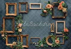 there are many frames on the wall with flowers and greenery around them that spell out their name