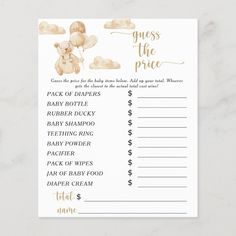 baby shower game guess the price with teddy bear and clouds in gold foil on white background