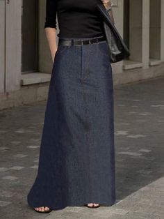 Loose No Belt Pockets Solid Color Skirts Bottoms BLUE-S Midi Skirts Summer, High Waist Skirts, High Waist Long Skirt, Quoi Porter, Denim Maxi Skirt, Fashion Seasons, Fitted Skirt, Skirts With Pockets, Women Skirts Midi