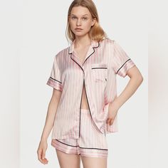 Victoria's Secret Satin Short Pajama Set Pink Iconic Stripe Medium New Condition: New In Package Size: Medium Color: Pink Iconic Stripe Get A Full Eight Hours (Or More) Of Beauty Sleep In Our Glossy Set Featuring A Short Sleeve Button-Up And Matching Shorts. Easy Fit Short-Sleeve, Button-Front Top Hits At Hips Chest Pocket With Embroidered “V” Short With Drawstring Tie Waist 3 Inseam Machine Wash Imported Pink Summer Night Sets, Pink Feminine Sleepwear Sets, Feminine Pink Nightwear Sets, Pink Feminine Sleep Sets, Feminine Pink Night Sets, Victoria's Secret Pink Pajama Shorts For Spring, Pink Summer Night Tops, Victoria's Secret Pink Pajama Shorts For Sleepover, Pink Victoria's Secret Pajama Shorts For Sleepover