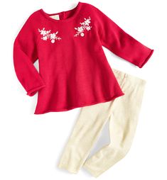 First Impressions highlights festive style with this adorable two-piece set, designed with a sweater tunic and pull-on style leggings. Top: crewneck, long sleeves, button closure at back, knitted floral design at front Bottoms: elastic waistband, pull-on style Cotton, acrylic Machine wash Imported Tunic And Leggings, Tunic Leggings, Style Leggings, Girls Sweater, Sweater Blazer, Sweater Tunic, Front Bottoms, Matching Family Outfits