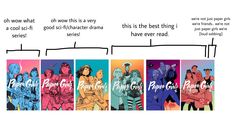 an image of a line of comics with the same characters in different colors and font