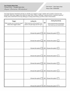 This Anger Decision Worksheet will help you identify your triggers to anger, whether with yourself or someone else. Our Anger Decision Worksheet (Editable, Fillable, Printable PDF) template is perfect for counselors, psychologists, psychiatrists, social workers, therapists, and other mental health professionals.  Our Anger Decision Worksheet PDF  can be downloaded and used with all your clients, giving them the ability to fill it out on a digital device or print it out. This template is part of the Anger Management Worksheets Bundle Iceberg Worksheet, Thought Challenging, Anger Thermometer, Anger Triggers, Anger Iceberg, Distress Tolerance Worksheets, Conflict Resolution Worksheet, Coaching Worksheets