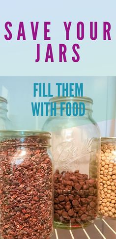 three jars filled with food sitting on top of a shelf