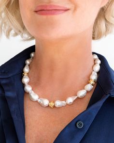 Genuine baroque pearls make up this quintessential classic necklace. Gold Bentley beads make the perfect embellishment. Please note: the beauty of baroque pearls is their uniqueness - each pearl varies in size and shape. Pearl Bailey, White Baroque Pearl Necklace, Baroque Pearls Jewelry, Susan Shaw, Fine Pearl Jewelry, Jewerly Designs, Baroque Pearl Necklace, Gold Fashion Necklace, Classic Necklace