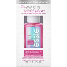 hard to resist strengthener by essie a nail strengthening treatment with nail bonding technology for instant nail strength and less brittle, more protected nails after just 3 days. this treatment creates a protective barrier against daily wear and tear for nails that appear healthy, smooth with natural shine. apply two coats to clean, bare nails and allow to dry. wear for 3 days before removal, for optimal results. Next Gen Nails, Essie Nail Polish Colors, Essie Nail Colors, Usa Nails, Instant Nails, Nail Hardener, Brittle Nails, Face Wrinkles, Nail Strengthener