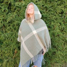 Wool blanket poncho  - cape  with fringes One size fits all  -  men or women.  Available with hood or without hood 100% wool CARE: Hand-wash and hang to dry, light iron if needed, or dry clean. MEASURES: Length at the front of the neckline to the bottom is ~115 cm/45 inches, the shoulder length is ~80cm/31 inches, Cozy Hooded Poncho For Outdoor, Green Hooded Poncho For Winter, Green Hooded Winter Poncho, Winter Green Hooded Poncho, Poncho With Hood, Trendy Fringe, Blanket Poncho, Hooded Cape, Wool Cape