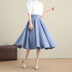 "DETAILS: * cotton linen skirt * no liner * Two side pockets * back zipper closure * High waistband * Plus size full skirt * Perfect for spring, summer and autumn * Learn More about the items From the FAQs on the page bottom * The model is 170 cm (5′ 7″) tall with a 80 cm (31.5\") bust, 66 cm (26\") waist. She is wearing the blue linen skirt in size XS. CUSTOM MADE SERVICE If you * Change other color * Can't find your size in our size Chart * Change the Style * Change the length * Your Height is 30s Outfits, Blue Linen Skirt, Knee Length Pleated Skirt, Full Flared Skirt, 1950s Skirt, Skirt High Waist, Formal Skirt, Wool Clothing, Winter Skirt