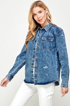 Introducing our latest must-have for every fashion-forward woman: the Women's Distressed Denim Shirt. Made from 100% cotton and featuring a 9.5 oz denim, this shirt is both comfortable and durable. The collared casual long sleeve design is perfect for any occasion, while the 2 flap pocket style adds a touch of edginess. Designed with a regular fit, this shirt is made in Bangladesh and boasts a solid print/pattern. The non-stretch fabric ensures a flattering fit for all body types. Available in s Little Black Dress Outfit, Oversized Denim Shirt, Strapless Sundress, Classic White Shirt, Womens Denim Shirt, Denim Shirts, Black Dress Outfits, Crop Top Shirts, Jumpsuit Shorts Rompers