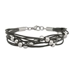 "Featuring strands of black leather accented by polished stainless steel beads, this men's bracelet is a handsome complement to your look. Featuring strands of black leather accented by polished stainless steel beads, this men's bracelet is a handsome complement to your look. Length: 8 in. Metal: stainless steel Finish: polished Packaging: boxed Please note, due to the high value of this item, a signature may be required upon delivery. Size: 8"". Color: White. Gender: male. Age Group: adult." Modern Black Leather Bracelet With Stainless Steel Clasp, Modern Stainless Steel Leather Bracelet With Black Band, Modern Leather Bracelet With Metal Black Band, Modern Metal Leather Bracelet With Black Band, Black Stainless Steel Leather Bracelet For Everyday, Modern Black Bracelets With Black Beads, Black Leather And Stainless Steel Adjustable Bracelet, Modern Metal Jewelry With Black Band, Modern Magnetic Leather Bracelets