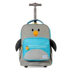 a penguin rolling luggage bag with wheels on the front and back side, it has a blue handle