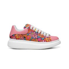 Step into a world of retro-chic with our 70's Flowers Oversized Sneakers. Embrace the flower power vibe with their groovy hippie-style pattern that screams vintage cool. Crafted with a leather upper and mesh lining, these kicks marry durability with breathability, ensuring they stand the test of time while keeping your feet fresh. Slip into the soft embrace of EVA padded insoles, treating your feet to cloud-like cushioning with every step. From city streets to nature trails, our reinforced EVA o Pink Floral Print Sneakers For Summer, Trendy Floral Print Sneakers For Spring, Funky Low-top Sneakers For Spring, Retro Summer Sneakers With Rubber Sole, Retro Low-top Summer Sneakers, Trendy Floral Print Sneakers With Round Toe, Trendy Floral Print Round Toe Sneakers, Funky Streetwear Sneakers For Spring, Funky Spring Streetwear Sneakers