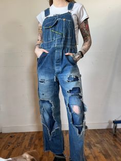 1950s key imperial overalls. Has lots of patchwork and wear throughout.  Measurements flat:  34" Waist 42" Hip  28" Inseam All sales final, please ask any questions you have before buying! Thank you! Vintage Denim Overalls With Patchwork, Vintage Cotton Patchwork Overalls, Vintage Cotton Overalls, Upcycled, Vintage Patchwork Overalls, Distressed Overalls, Cowichan Sweater, Sweater Set, Sweater Skirt, Work Wear