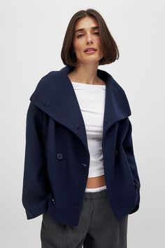 Double Breasted Short Coat Navy | NA-KD Tops Fall Outfits, Fall Jackets, Tops Fall, Short Coat, Outerwear Coats, Lingerie Sleepwear, Women's Coat, Na Kd, Sweater Hoodie