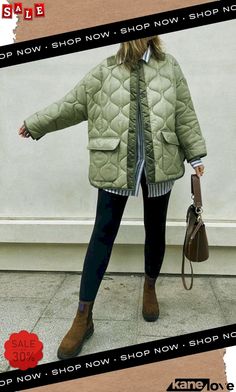 Quilted Pockets O Neck Jacket Green Quilted Coat Outfit, Quilted Green Jacket Outfit, Oversized Khaki Outerwear With Stand Collar, Casual Green Winter Outerwear, Casual Khaki Puffer Jacket With Pockets, Casual Khaki Winter Outerwear, Khaki Puffer Jacket With Pockets For Cold Weather, Casual Quilted Outerwear With Stand Collar, Versatile Puffer Outerwear For Outdoor