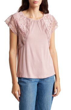 Sweeten any look with this soft knit top fashioned with lace cap sleeves and lace trim for elegant style. 24 1/2" length (size Small) Back keyhole with button-and-loop closure Crewneck Cap sleeves 95% rayon, 5% spandex Hand wash, line dry Imported Model stats: 5'10" height, 32" bust, 25" waist, 36" hip. Model is wearing size Small. Lace Tops With Crochet Trim For Layering, Fitted Tops With Crochet Trim For Layering, Grace And Lace, Lace Caps, Lace Applique, Soft Knits, Cap Sleeve, Elegant Style, Cap Sleeves