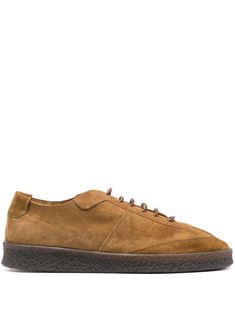 camel brown calf suede logo-embossed tongue tonal stitching round toe front lace-up fastening branded leather insole rubber sole Classic Brown Lace-up Shoes With Suede Lining, Brown Calf Leather Lace-up Shoes With Textured Sole, Suede Lace-up Shoes With Vibram Sole, Brown Suede Lined Lace-up Shoes, Brown Lace-up Shoes With Suede Lining, Suede Lace-up Shoes With Suede Lining, Classic Suede Sneakers With Stitched Sole, Brown Suede Low-top Leather Shoes, Classic Brown Suede Sneakers