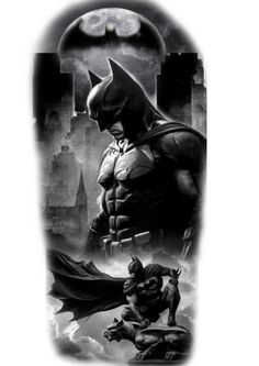 the dark knight and batman tattoo design is shown in this black and white photo,