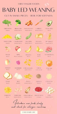 the baby led weaning poster is shown in pink and features different types of food