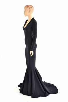 Black Zen Soft Knit Morticia V-Neck Gown with Long Sleeves and Gown With Long Sleeves, Glamorous Dresses, Wiggle Dress, Olive Branch, Dress Cuts, Soft Knits, Deep V, Zen, Victorian Dress