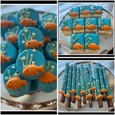 there are several pictures of different cakes and desserts on the table, one is decorated with blue icing