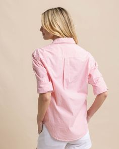 Polished and professional, this long-sleeve button-down gives you timeless style from the boardroom to the boardwalk. Our soft cotton top features a shirt tail hem and button cuffs for a custom fit that's both sophisticated and casual. Style: 10871 Unstructured Button-up Tops With Roll-up Sleeves, Classic Spring Blouse With Shirttail Hem, Classic Shirttail Hem Blouse For Spring, Classic Blouse With Shirttail Hem For Spring, Classic Shirt With Shirttail Hem And Placket, Classic Unstructured Shirt With Shirttail Hem, Collared Shirt With Roll-up Sleeves For Business Casual, Relaxed Fit Shirt With Button Cuffs And Shirttail Hem, Business Casual Collared Shirt With Roll-up Sleeves