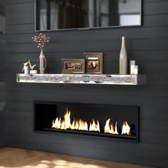 a fire place in a living room next to a mirror