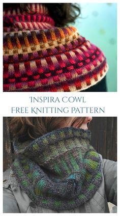 two pictures with the words inspira cowl free knitting pattern