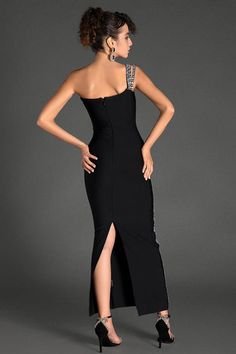 Acmefun Georgios Crystal Bandage Asymmetrical Dress - Women's Black Cocktail Attire One Shoulder Floor-length Dress For Prom, Floor-length One Shoulder Dress For Prom, Embellished Sleeveless One Shoulder Prom Dress, Glamorous One Shoulder Evening Dress, Embellished One-shoulder Prom Dress, Embellished Evening Dress With Asymmetrical Neckline For Gala, Embellished Evening Dress With Asymmetrical Neckline For Prom, Glamorous One Shoulder Dress With Asymmetrical Neckline For Gala, Glamorous Embellished One Shoulder Evening Dress