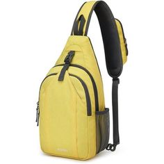 a yellow backpack with black straps on the front and side pockets, sitting against a white background