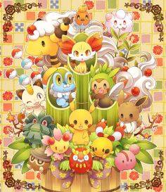 a bunch of pokemon characters in a basket with leaves and flowers on the bottom right hand corner