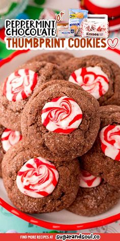 peppermint chocolate thumbprint cookies with white and red candy canes on top