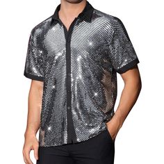 The shiny sequins design of the button down shirts can make you catch people's attentions in the special events. Match the glitter sequins printed shirts with leather pants or shiny shorts for parties, dance, or fashion shows. The sequin shirt is perfect for fashion shows, art events, music festivals, parties, club, disco, performances, etc. Fitted Sequin Shirt For Summer, Fitted Disco Shirt For Party, Fitted Disco Party Shirt, Fitted Disco Style Party Shirt, Disco Style Shirt For Night Out In Summer, Summer Disco Shirt For Night Out, Party Season Short Sleeve Shirt, Disco Style Summer Shirt For Night Out, Summer Disco Style Party Shirt